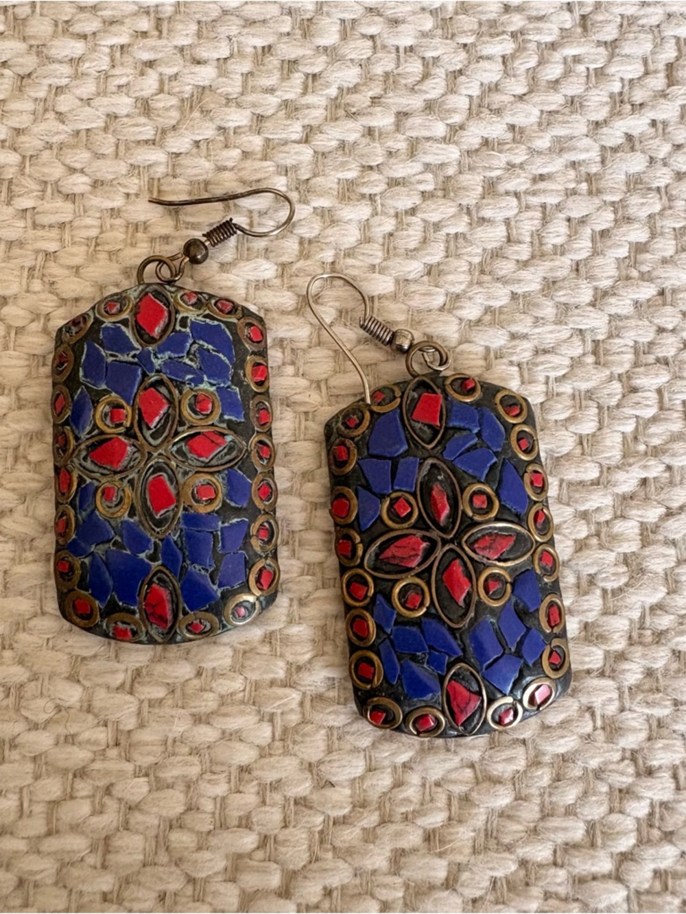 Blue and Red Mosaic Dangle Earrings